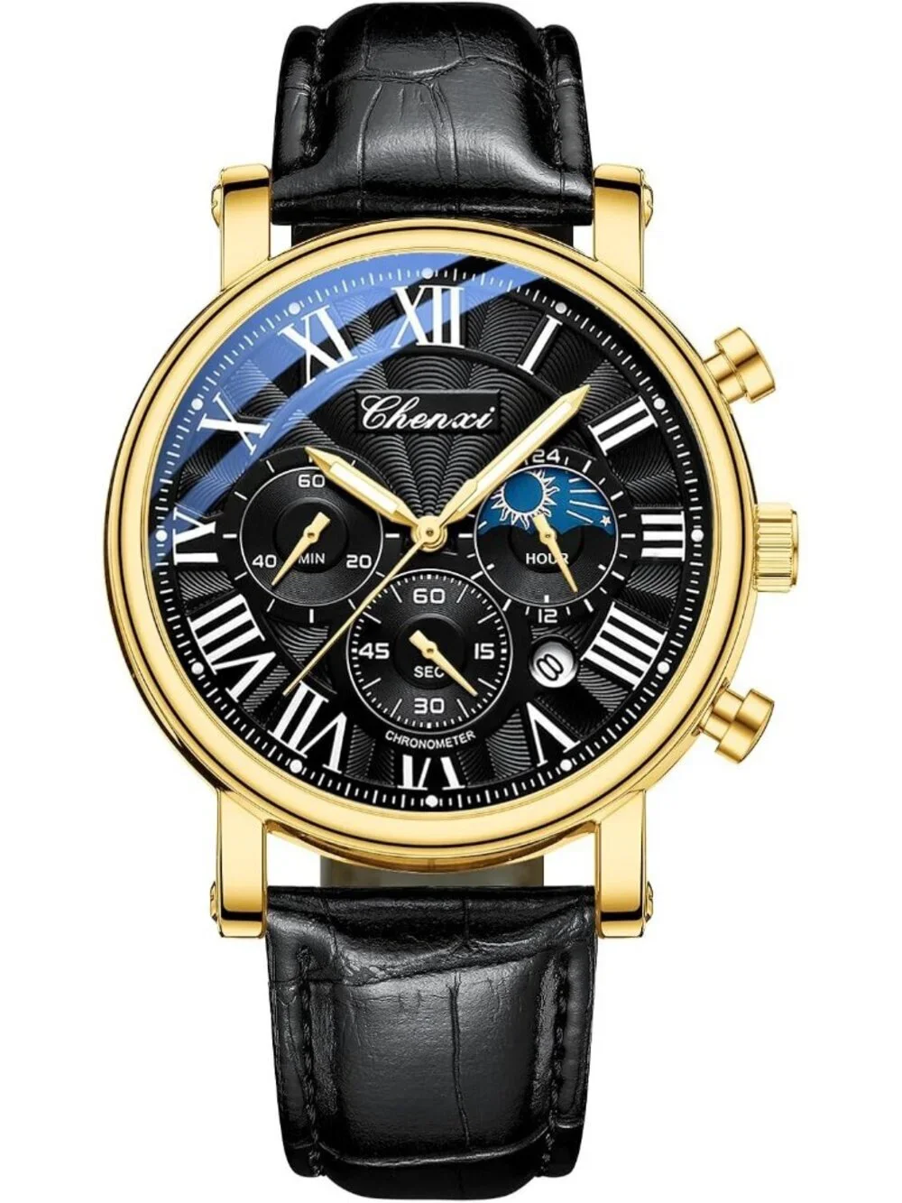 Mens Gold Black Leather Multifunctional Military Sports Analog Chronograph Watch